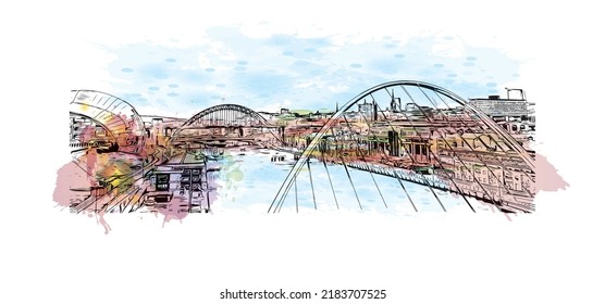 Building view with landmark of Newcastle upon Tyne is the 
city in England. Watercolor splash with hand drawn sketch illustration in vector.
