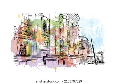 Building view with landmark of Newcastle upon Tyne is the 
city in England. Watercolor splash with hand drawn sketch illustration in vector.