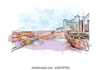 La vista de edificio con un punto de referencia de Newcastle upon Tyne es la 
ciudad de Inglaterra. Salto de color de agua con ilustración de esbozo dibujada a mano en vector.