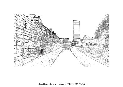 Building view with landmark of Newcastle upon Tyne is the 
city in England. Hand drawn sketch illustration in vector.