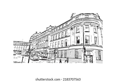 Building view with landmark of Newcastle upon Tyne is the 
city in England. Hand drawn sketch illustration in vector.