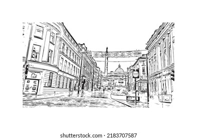 Building view with landmark of Newcastle upon Tyne is the 
city in England. Hand drawn sketch illustration in vector.
