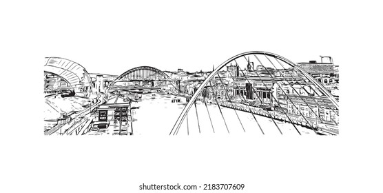 Building view with landmark of Newcastle upon Tyne is the 
city in England. Hand drawn sketch illustration in vector.