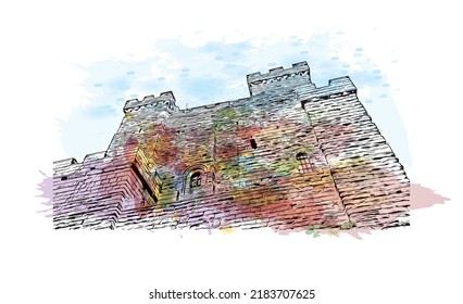 Building view with landmark of Newcastle upon Tyne is the 
city in England. Watercolor splash with hand drawn sketch illustration in vector.