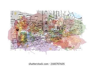 La vista de edificio con un punto de referencia de Newcastle upon Tyne es la 
ciudad de Inglaterra. Salto de color de agua con ilustración de esbozo dibujada a mano en vector.