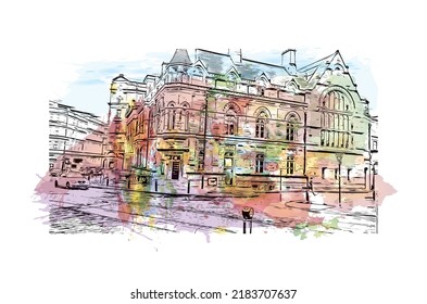 Building view with landmark of Newcastle upon Tyne is the 
city in England. Watercolor splash with hand drawn sketch illustration in vector.