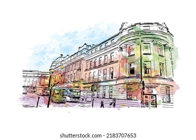 Building view with landmark of Newcastle upon Tyne is the 
city in England. Watercolor splash with hand drawn sketch illustration in vector.