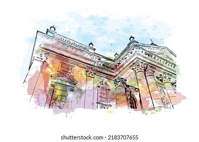 Building view with landmark of Newcastle upon Tyne is the 
city in England. Watercolor splash with hand drawn sketch illustration in vector.