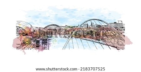 Building view with landmark of Newcastle upon Tyne is the 
city in England. Watercolor splash with hand drawn sketch illustration in vector.