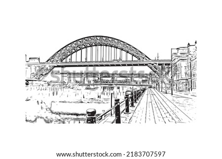 Building view with landmark of Newcastle upon Tyne is the 
city in England. Hand drawn sketch illustration in vector.