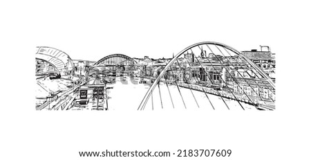 Building view with landmark of Newcastle upon Tyne is the 
city in England. Hand drawn sketch illustration in vector.