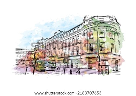 Building view with landmark of Newcastle upon Tyne is the 
city in England. Watercolor splash with hand drawn sketch illustration in vector.