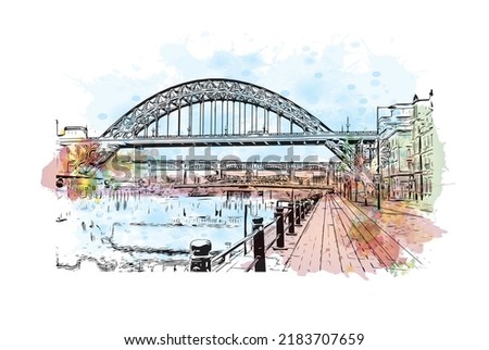 Building view with landmark of Newcastle upon Tyne is the 
city in England. Watercolor splash with hand drawn sketch illustration in vector.