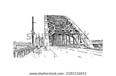 Building view with landmark of Newcastle upon Tyne is the 
city in England. Hand drawn sketch illustration in vector.