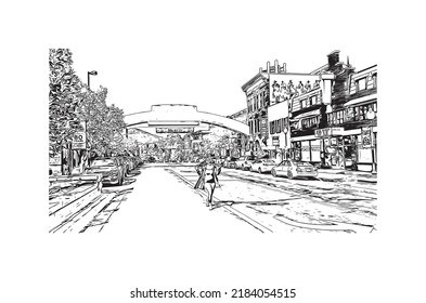 Building view with landmark of Newport Beach is the 
city in California. Hand drawn sketch illustration in vector.