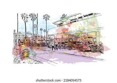 Building view with landmark of Newport Beach is the 
city in California. Watercolor splash with hand drawn sketch illustration in vector.