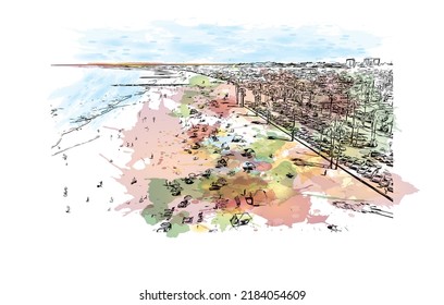 Las vistas al edificio con un punto de referencia de Newport Beach son 
ciudad de California. Salto de color de agua con ilustración de esbozo dibujada a mano en vector.