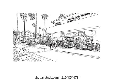 Building view with landmark of Newport Beach is the 
city in California. Hand drawn sketch illustration in vector.