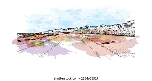 Building view with landmark of Newport is the 
city in Rhode Island. Watercolor splash with hand drawn sketch illustration in vector.