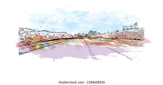 Building view with landmark of Newport is the 
city in Rhode Island. Watercolor splash with hand drawn sketch illustration in vector.