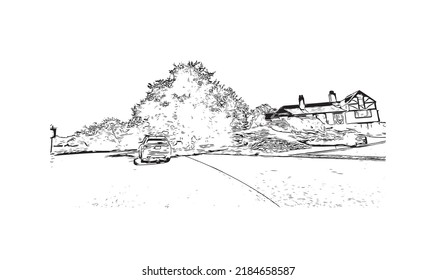 Building View With Landmark Of Newport Is The 
City In Rhode Island. Hand Drawn Sketch Illustration In Vector.