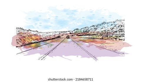 Building view with landmark of Newport is the 
city in Rhode Island. Watercolor splash with hand drawn sketch illustration in vector.