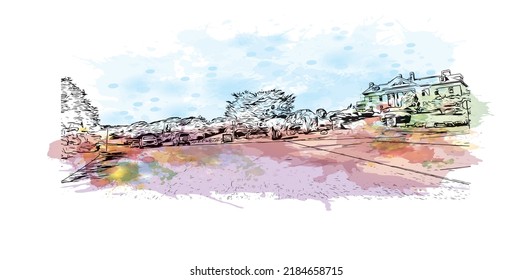 Building view with landmark of Newport is the 
city in Rhode Island. Watercolor splash with hand drawn sketch illustration in vector.