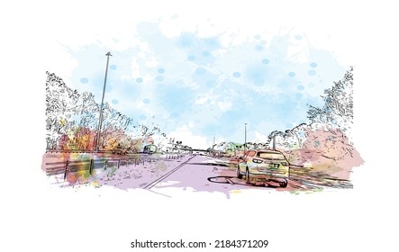 Building view with landmark of Newport News is the 
city in Virginia. Watercolor splash with hand drawn sketch illustration in vector.