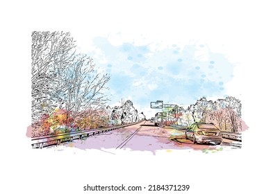 Building view with landmark of Newport News is the 
city in Virginia. Watercolor splash with hand drawn sketch illustration in vector.