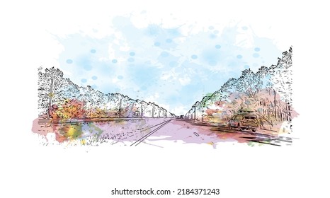 Building view with landmark of Newport News is the 
city in Virginia. Watercolor splash with hand drawn sketch illustration in vector.