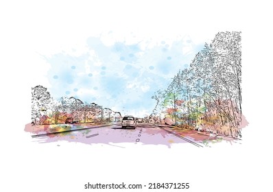 Building view with landmark of Newport News is the 
city in Virginia. Watercolor splash with hand drawn sketch illustration in vector.
