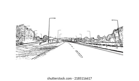 Building view with landmark of Newry is the 
city in Northern Ireland. Hand drawn sketch illustration in vector.