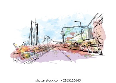 La vista de construcción con el punto de referencia de Newry es la 
ciudad de Irlanda del Norte. Salto de color de agua con ilustración de esbozo dibujada a mano en vector.
