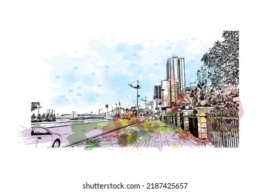 Building view with landmark of Nha Trang is the 
city in Vietnam. Watercolor splash with hand drawn sketch illustration in vector.