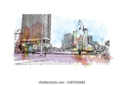 Building view with landmark of Nha Trang is the 
city in Vietnam. Watercolor splash with hand drawn sketch illustration in vector.