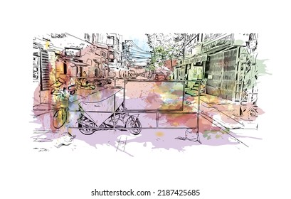 Building view with landmark of Nha Trang is the 
city in Vietnam. Watercolor splash with hand drawn sketch illustration in vector.