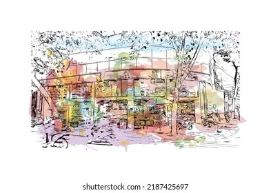 Building view with landmark of Nha Trang is the 
city in Vietnam. Watercolor splash with hand drawn sketch illustration in vector.