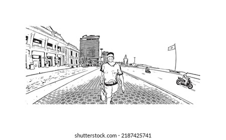Building view with landmark of Nha Trang is the 
city in Vietnam. Hand drawn sketch illustration in vector.