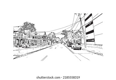 Building view with landmark of Niagara Falls is the 
city in Canada. Hand drawn sketch illustration in vector. 