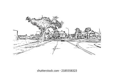 La vista de edificio con el punto de referencia de las Cataratas del Niágara es la 
ciudad de Canadá. Dibujo a mano de ilustración de esbozo en vector. 
