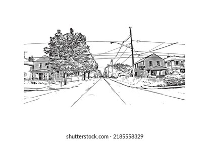La vista de edificio con el punto de referencia de las Cataratas del Niágara es la 
ciudad de Canadá. Dibujo a mano de ilustración de esbozo en vector. 