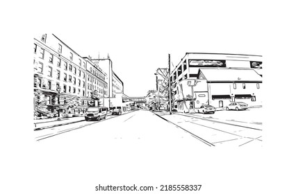 Building view with landmark of Niagara Falls is the 
city in Canada. Hand drawn sketch illustration in vector. 