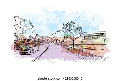 Building view with landmark of Niagara Falls is the 
city in Canada. Watercolor splash with hand drawn sketch illustration in vector. 