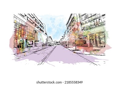 Building view with landmark of Niagara Falls is the 
city in Canada. Watercolor splash with hand drawn sketch illustration in vector. 