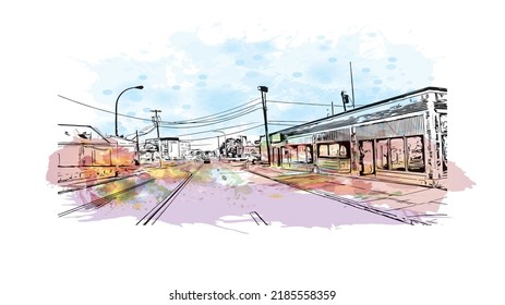 Building view with landmark of Niagara Falls is the 
city in Canada. Watercolor splash with hand drawn sketch illustration in vector. 