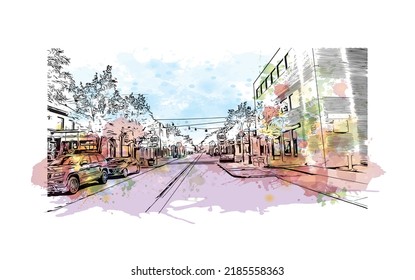 La vista de edificio con el punto de referencia de las Cataratas del Niágara es la 
ciudad de Canadá. Salto de color de agua con ilustración de esbozo dibujada a mano en vector. 