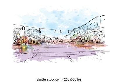 Building view with landmark of Niagara Falls is the 
city in Canada. Watercolor splash with hand drawn sketch illustration in vector. 
