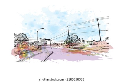 Building view with landmark of Niagara Falls is the 
city in Canada. Watercolor splash with hand drawn sketch illustration in vector. 