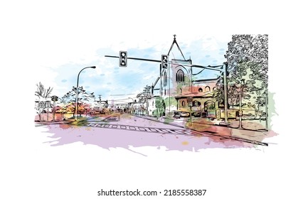 Building view with landmark of Niagara Falls is the 
city in Canada. Watercolor splash with hand drawn sketch illustration in vector. 