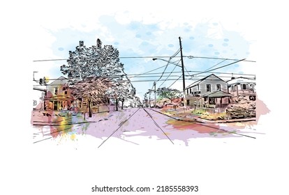 Building view with landmark of Niagara Falls is the 
city in Canada. Watercolor splash with hand drawn sketch illustration in vector. 